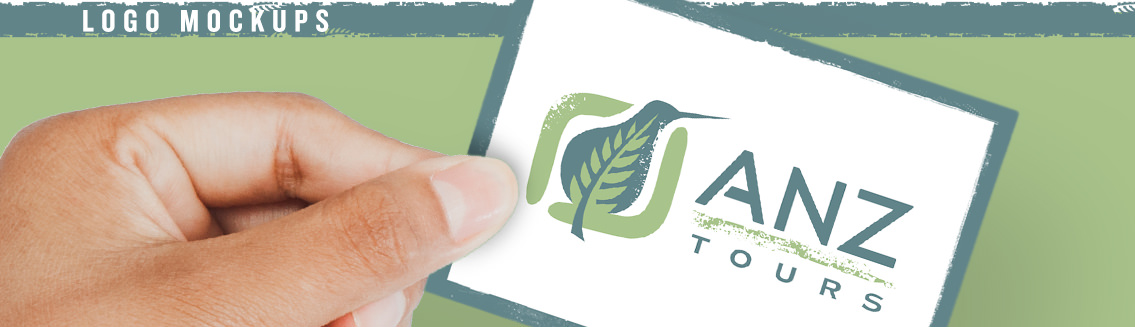 Text reading “logo mockups”, a hand holding an ANZ business card with logo.